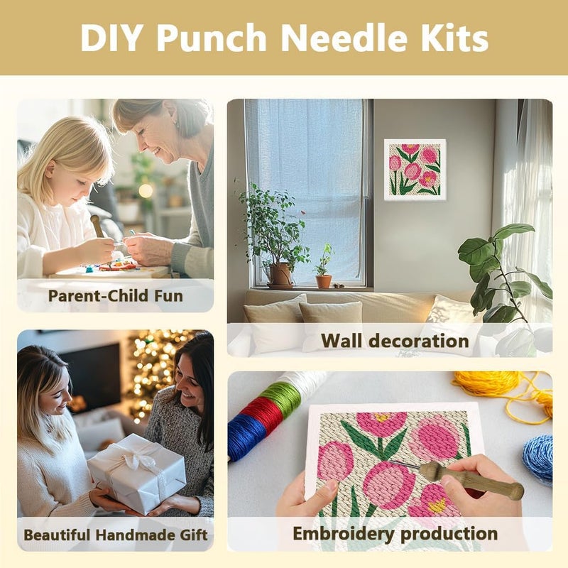 DOODLREAM Tulips DIY Punch Needle Embroidery Kit for Adult Beginner, 9.4" Flower Punch Stitching Craft Set for Starter with Frame, Fabric Pattern, Threader, Yarn, Pinch Needle - Image 4